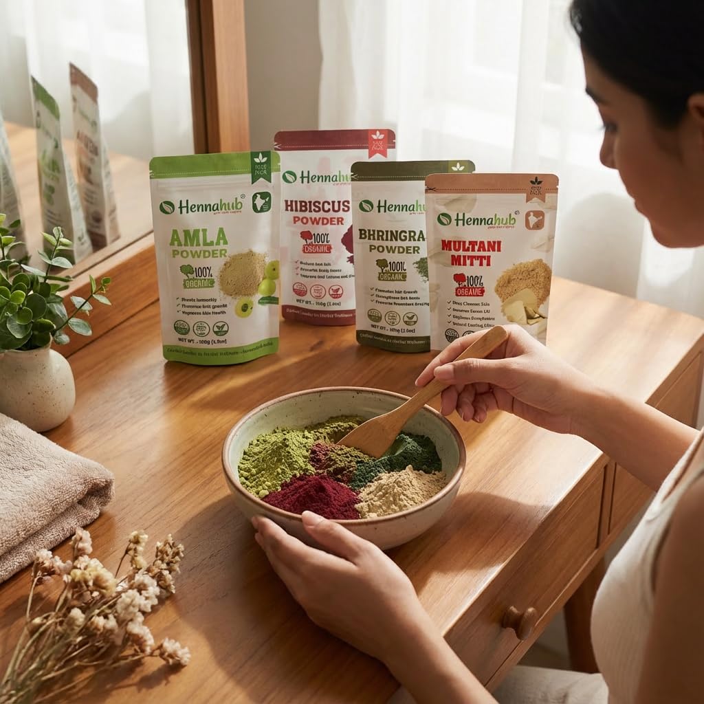 Amla Reetha Shikakai Bhringraj Hibiscus Multani Mitti Powder Combo for Hair Growth & Hair Fall Control | 6 Herbs x 100g | Double Filtered | Natural Hair Wash & Hair Mask | With Brush Gloves Shower Cap | Hennahub