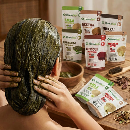 Amla Reetha Shikakai Bhringraj Hibiscus Multani Mitti Powder Combo for Hair Growth & Hair Fall Control | 6 Herbs x 100g | Double Filtered | Natural Hair Wash & Hair Mask | With Brush Gloves Shower Cap | Hennahub