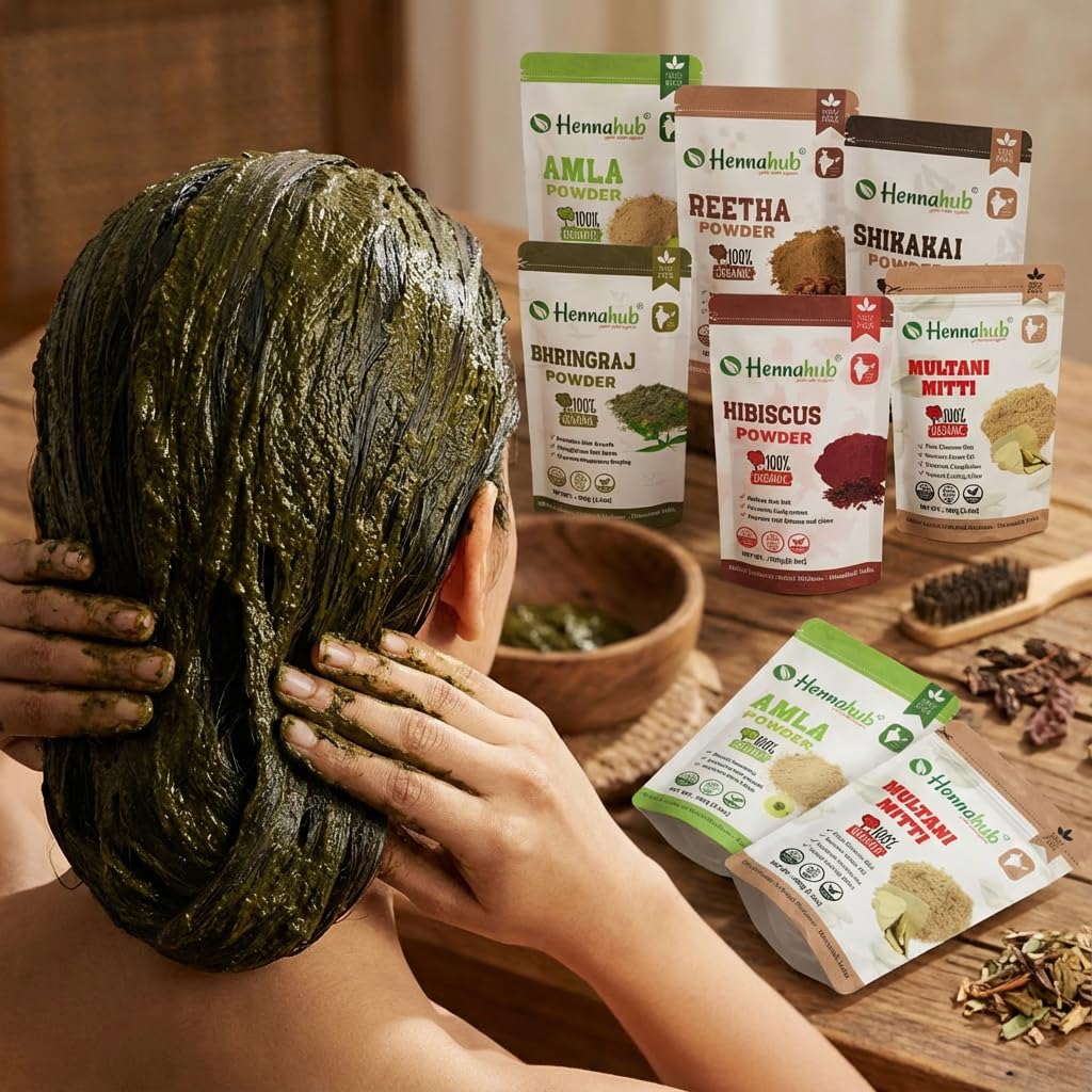 Amla Reetha Shikakai Bhringraj Hibiscus Multani Mitti Powder Combo for Hair Growth & Hair Fall Control | 6 Herbs x 100g | Double Filtered | Natural Hair Wash & Hair Mask | With Brush Gloves Shower Cap | Hennahub