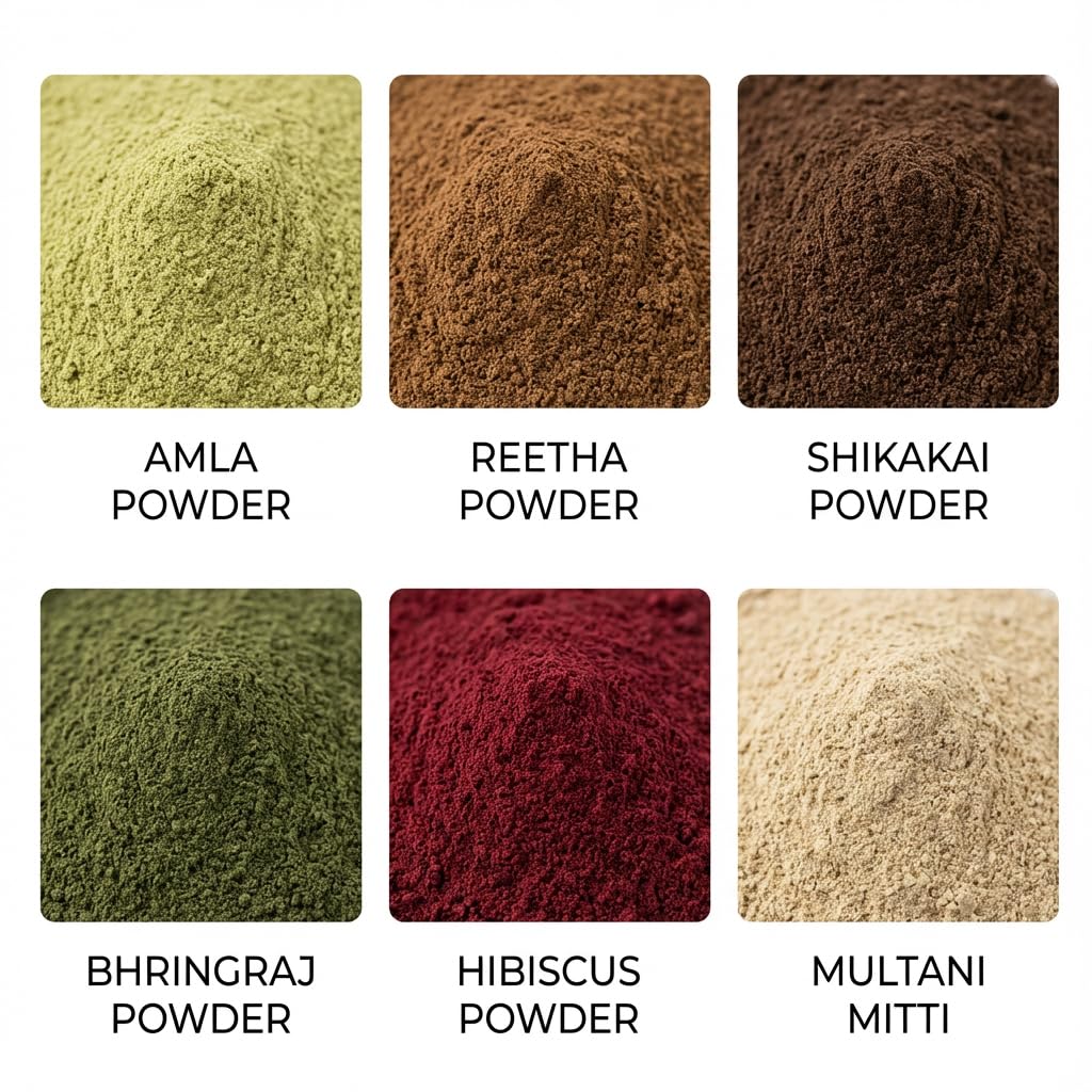 Amla Reetha Shikakai Bhringraj Hibiscus Multani Mitti Powder Combo for Hair Growth & Hair Fall Control | 6 Herbs x 100g | Double Filtered | Natural Hair Wash & Hair Mask | With Brush Gloves Shower Cap | Hennahub