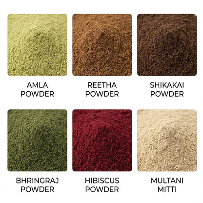Amla Reetha Shikakai Bhringraj Hibiscus Multani Mitti Powder Combo for Hair Growth & Hair Fall Control | 6 Herbs x 100g | Double Filtered | Natural Hair Wash & Hair Mask | With Brush Gloves Shower Cap | Hennahub