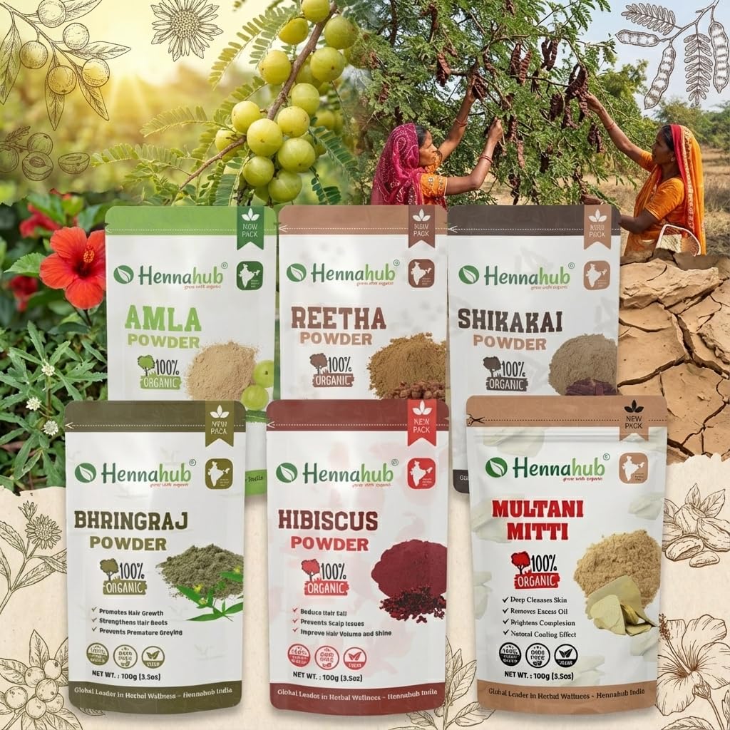 Amla Reetha Shikakai Bhringraj Hibiscus Multani Mitti Powder Combo for Hair Growth & Hair Fall Control | 6 Herbs x 100g | Double Filtered | Natural Hair Wash & Hair Mask | With Brush Gloves Shower Cap | Hennahub