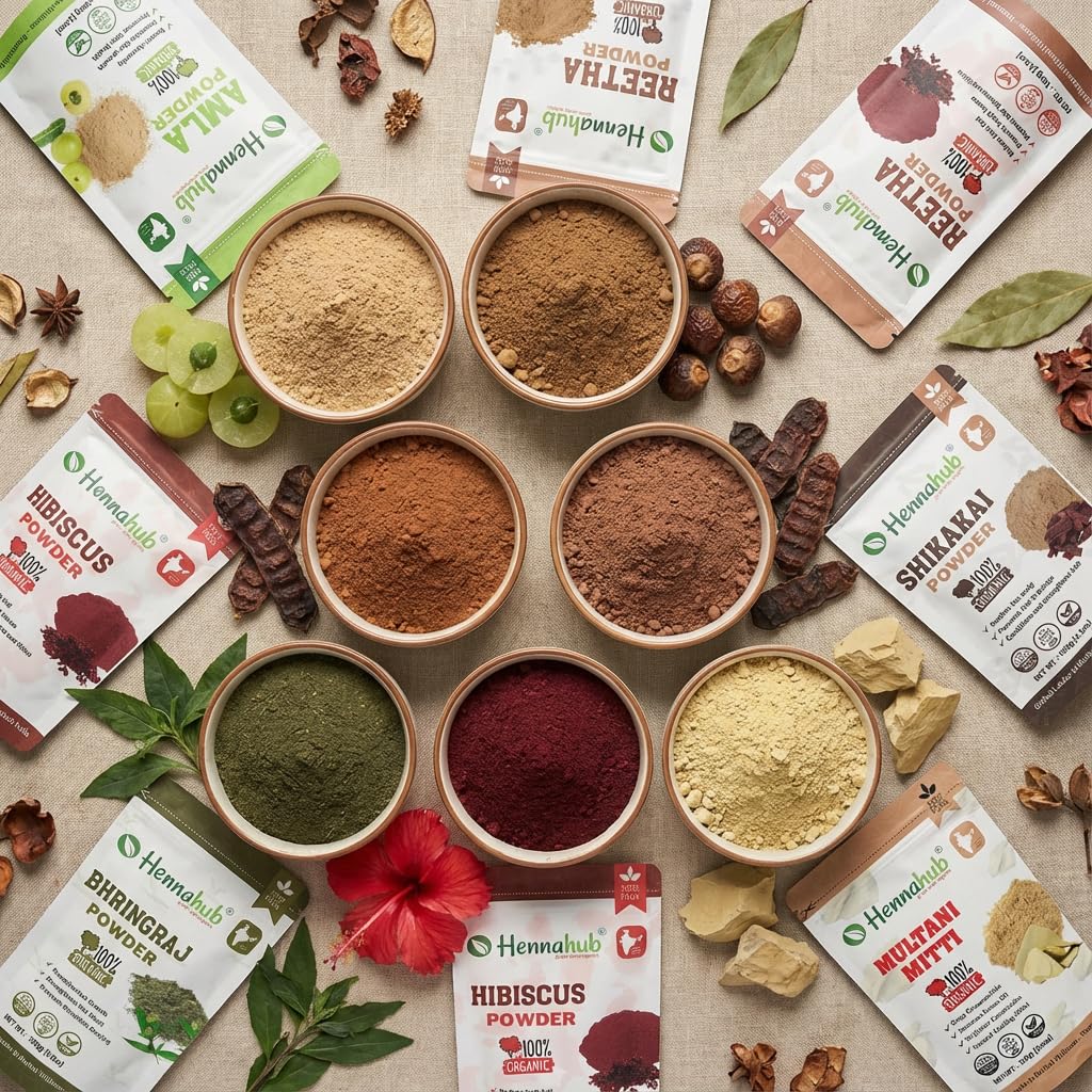 Amla Reetha Shikakai Bhringraj Hibiscus Multani Mitti Powder Combo for Hair Growth & Hair Fall Control | 6 Herbs x 100g | Double Filtered | Natural Hair Wash & Hair Mask | With Brush Gloves Shower Cap | Hennahub