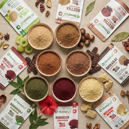 Amla Reetha Shikakai Bhringraj Hibiscus Multani Mitti Powder Combo for Hair Growth & Hair Fall Control | 6 Herbs x 100g | Double Filtered | Natural Hair Wash & Hair Mask | With Brush Gloves Shower Cap | Hennahub